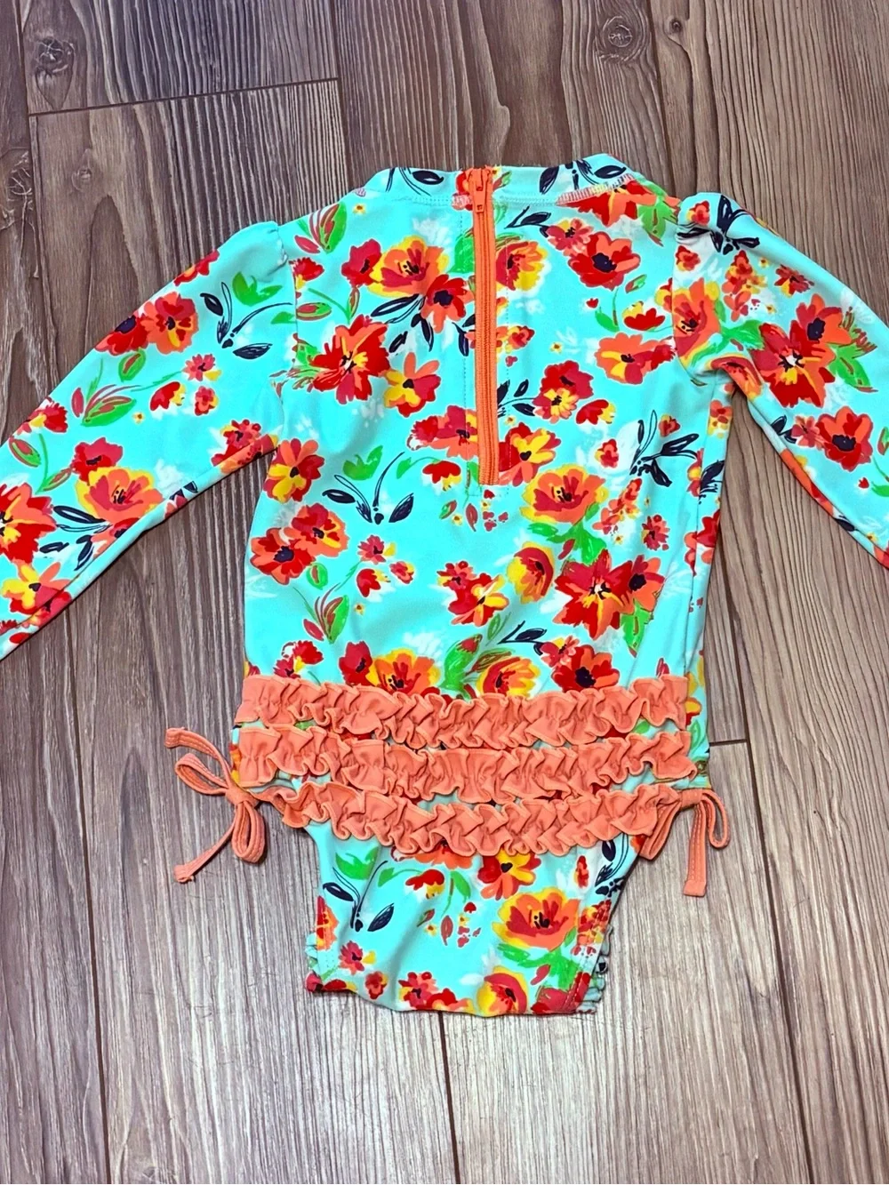RuffleButts Painted Floral Long Sleeve Rash Guard One Piece Swimsuit 12-18M